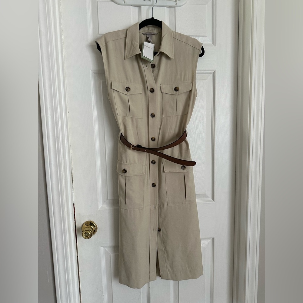New H&M safari Sleeveless Beige Button-Up Dress with Belt size small